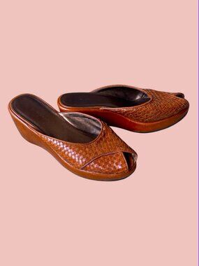 A.Marinelli Brown Woven Leather Slip on Wedges Size 8.5